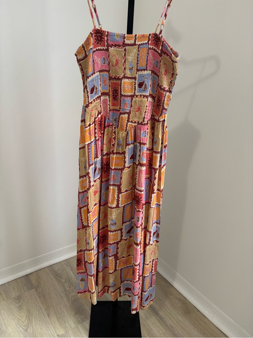 Patrons of Peace Patchwork Midi Dress - Pink, Mustard, Blue with sun, fish, crab